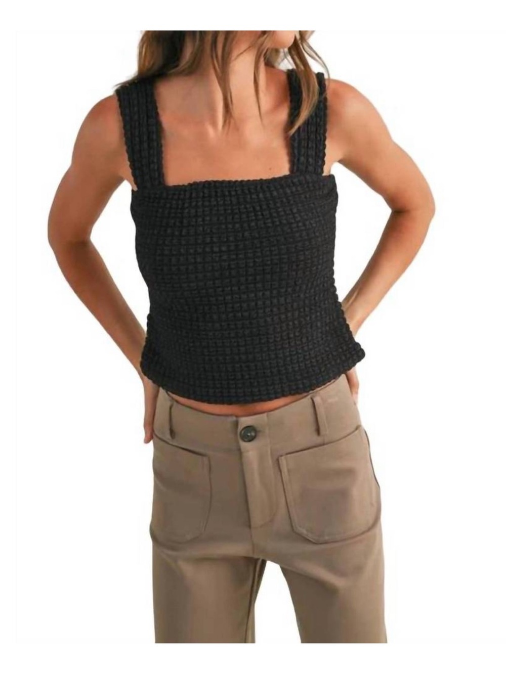 MIOU MUSE textured tank in black stretch square neck thick straps Size Large